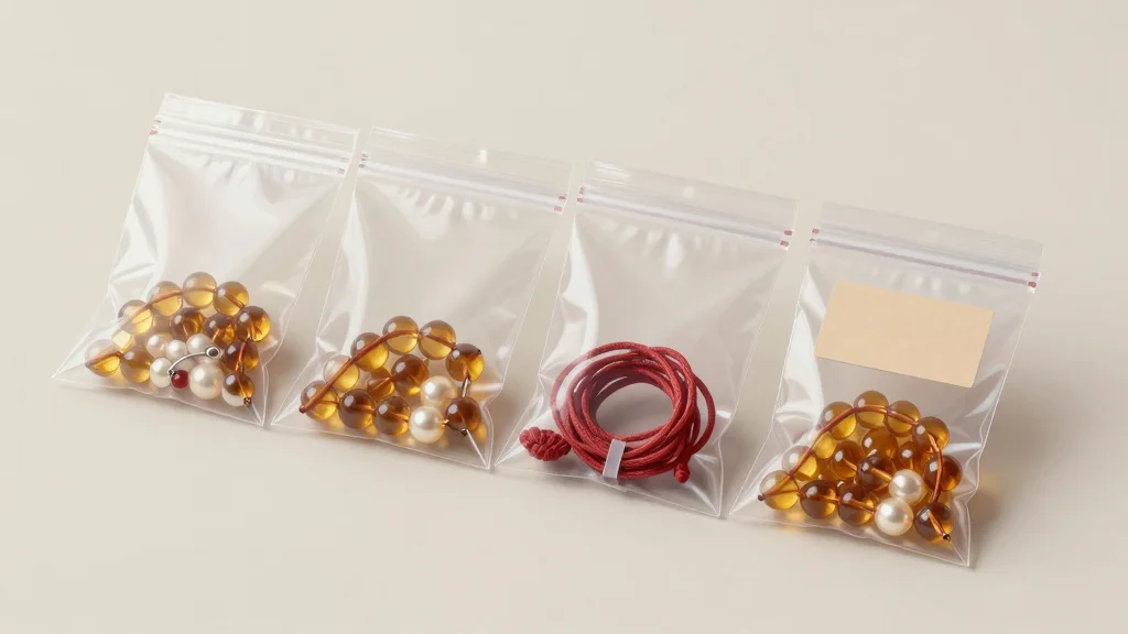 Пластиковые пакеты с бусинами и шнурками, аккуратно сложенные на нейтральном светлом фоне